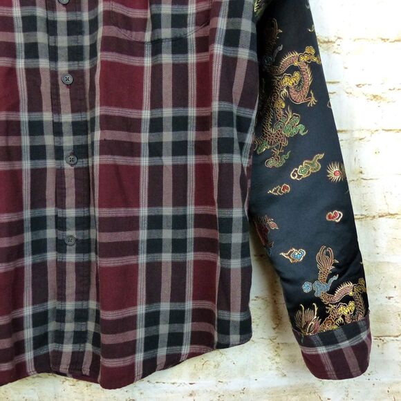 Furst of A Kind Shirt L/XL Plaid Flannel Dragon Satin Sleeves Mixed Media Button - Picture 7 of 15